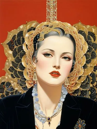 A perfect woman.,a painting of a woman with a necklace,viveros,art deco woman,fornasetti,whitmore,duchesse,tretchikoff,Illustration,Retro,Retro 26