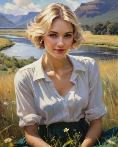 the blonde in the river,heatherley,girl on the river,whitmore,rosamund,donsky,liesel,annaud,oil painting,countrywoman,countrywomen,wyeths,dmitriev,winslet,delpy,tripplehorn,mcconaghy,sedensky,shepherd