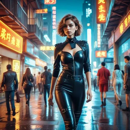 woman wearing leathers walking down a city street at night,domino,alita,fujiko,chengli,catwoman,mongkok