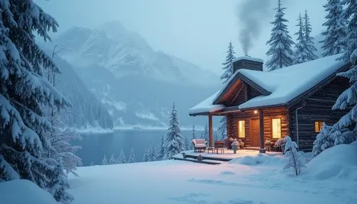 winter house,snowy landscape,the cabin in the mountains,snow shelter,snow landscape,mountain hut,snow house,house in mountains,christmas landscape,winter landscape,log cabin,winter background,snowed in,winter wonderland,house in the mountains,mountain huts,winter night,winter magic,snow scene,warm and cozy,Photography,General,Realistic