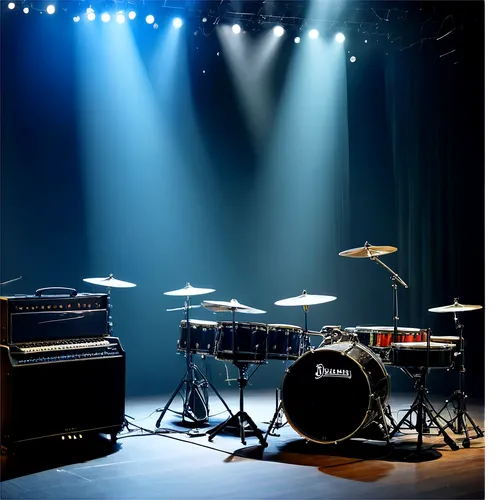 Concert stage, luxurious curtains, golden trimming, soft spotlight, dark blue walls, shiny floor, microphone stand, speakers, drums, guitars, bass, piano, keyboard, music notes, bright stage lights, s