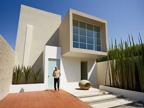 man standing on brick walkway near entryway to building,dunes house,corbu,siza,cubic house,corbusier,modern house,Photography,General,Realistic