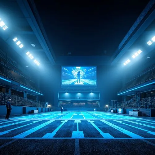 Futuristic sports field, neon-lit track lanes, high-tech stadium seating, metallic mesh fences, iridescent athletic tracksuits, glossy sport equipment, LED scoreboard displays, sleek modern architectu