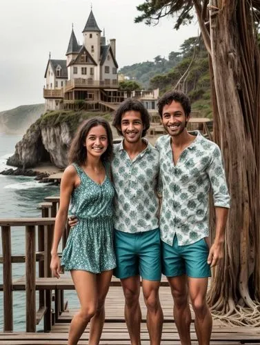 The picture shows two people standing on a wooden jetty by the sea, smiling friendly into the camera.
Both people are wearing the following clothes:
	- The woman is wearing a short dress.
	- The man i