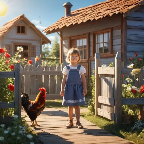 chicken yard,chicken coop,heidi country,cockerel,chicken farm,country dress,Photography,General,Realistic