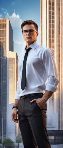 Modern cac architects, standing, confident pose, black framed glasses, short brown hair, clean-shaven, white shirt, black tie, formal black pants, black leather shoes, holding blueprints, skyscraper b