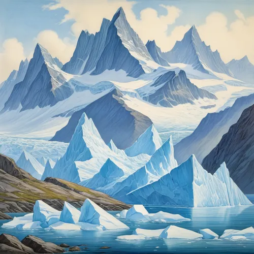 baffin island,ice landscape,nordland,the glacier,icebergs,glacial landform,glaciers,glacier,thermokarst,glacial melt,ice floes,northrend,gorner glacier,arctic,ice floe,fjord,arctic ocean,antarctic,glacier tongue,glacial,Illustration,Retro,Retro 19