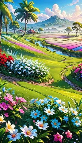 spring background,flower field,landscape background,field of flowers,springtime background,blooming field,flower background,sea of flowers,flowers field,golf course background,blanket of flowers,flower painting,floral background,primavera,japanese floral background,nature background,flower meadow,splendor of flowers,meadow landscape,flower garden,Anime,Anime,General