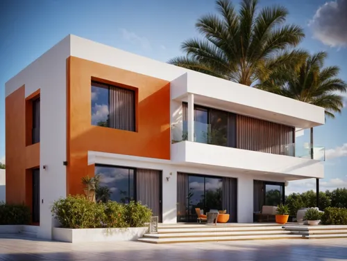 ผนังมีสีส้มมืออาชีพ,ท้องฟ้าสีครามสด,สาดแสงมืออาชีพ,modern house,cube stilt houses,3d rendering,dunes house,cubic house,exterior decoration,modern architecture,holiday villa,prefabricated buildings,sma