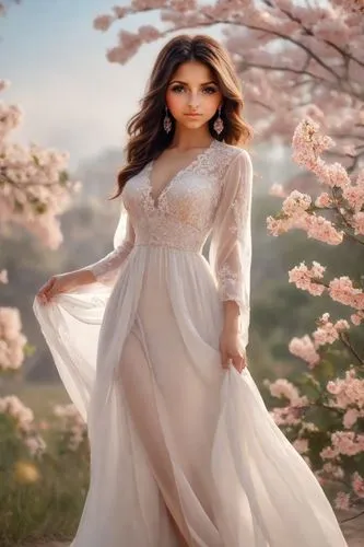 a beautiful woman wearing a long - sleeved dress with sheer fabric,white lilac,bridal gown,margairaz,bridal dress,wedding gown,wedding dresses,Photography,Natural