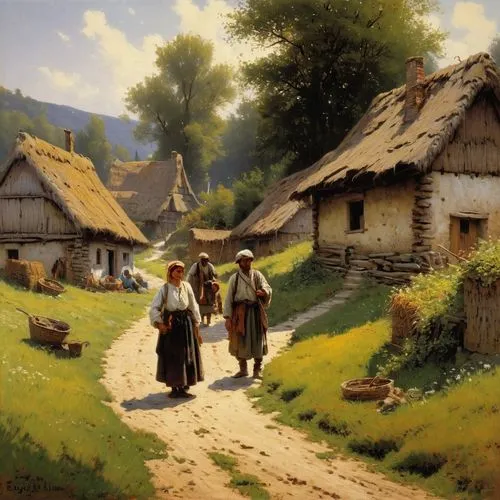 Slavic villagers,bosniaks,pilgrims,village scene,kolonics,village life,townsfolk,moldavians,bosnias,bosniak,transylvanians,agricultural scene,babitsky,belarusians,villages,rural landscape,perov,lobano