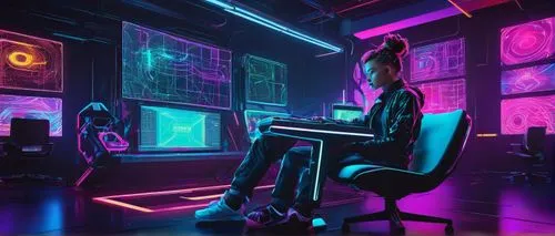 cyberpunk,computer room,new concept arms chair,cyber,neon coffee,playing room,girl at the computer,computer desk,computer workstation,creative office,neon human resources,study room,computer,music workstation,working space,computer art,neon,desk,neon light,cyberspace,Illustration,American Style,American Style 12