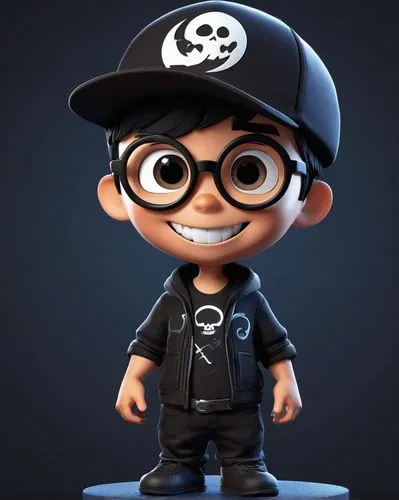 dark grind little boy mix venom caracter, smile, dark moon, glasses, hat, ghotic ,cute cartoon character,seamico,tadashi,adrien,cartoon character,matsuno,renderman,aryanto,blackshirt,bengi,romash,3d m