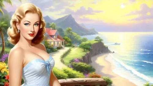 Romantic masterpiece oil painting, cute girl portrait, sundress, nostalgic 1950's style kitsch, breathtaking beautiful landscape, majestic tropical Hawaiian beach vacation scenery, seaside cottage, hi