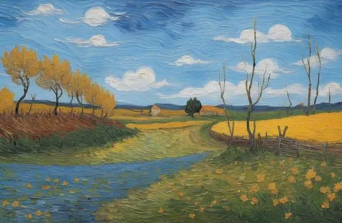 painting in the style of Vincent van Gogh,there is a painting on a wall depicting a blue sky with clouds above the green field and river,dubbeldam,autumn landscape,rural landscape,wheatfield,yellow gr