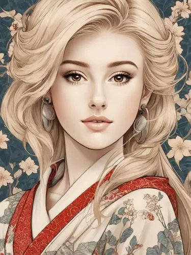 Beautiful blonde lady portrait in woodcut ukiyo-e style. 8k,geisha,japanese art,kimono,geisha girl,japanese floral background,oriental princess,mukimono,japanese sakura background,kimono fabric,hanbok