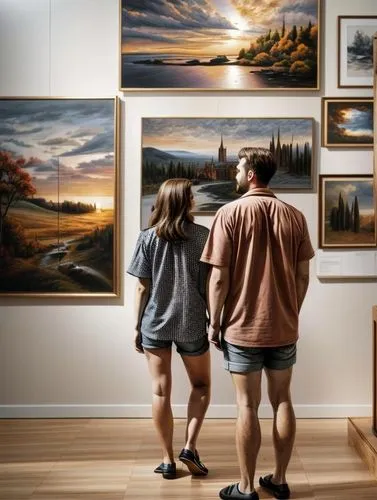 Two people at Art Gallery wall with 4 big landscape paintings.,a couple looking at artwork in a museum,art gallery,gallery,museumgoers,fotomuseum,vmfa,great gallery