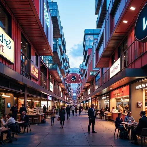 Vibrant marketplace, experimental architecture, bold color blocking, neon signs, LED lights, futuristic materials, metallic accents, glossy finishes, urban cityscape, bustling atmosphere, eclectic cro