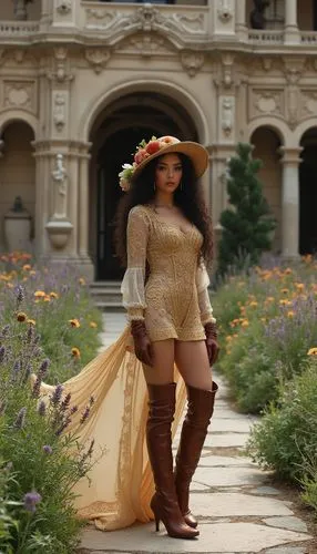 fashion country italian model modeling for a moda fashion show. wears a long-sleeved leather gloves and thigh-high cuffed brown leather high boots. She wears colorful embroidered skirts and bodices ov