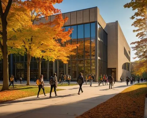 University of Michigan architecture building, Ann Arbor cityscape, modern brutalist style, concrete columns, large glass windows, angular rooflines, lush greenery surroundings, autumn foliage, vibrant