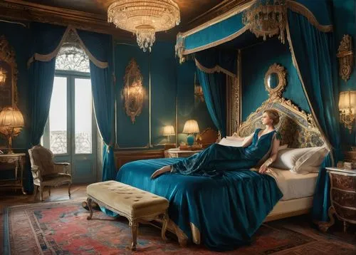 blue room,ornate room,woman on bed,bedroom,cinderella,four poster,rococo,mazarine blue,four-poster,victorian style,parlour,blue pillow,blue lamp,the little girl's room,fontainebleau,beauty room,baroque,victorian,royal interior,iulia hasdeu castle,Illustration,Black and White,Black and White 25