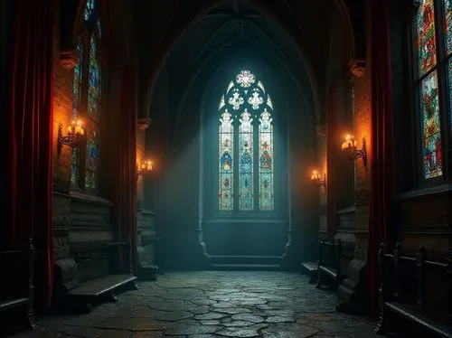 haunted cathedral,stained glass,sanctuary,stained glass windows,entranceway,hallway,sacristy,hall of the fallen,doorway,gothic church,church windows,ecclesiatical,stained glass window,transept,crypt,ektachrome,sanctum,chiaroscuro,cathedral,doorways,Photography,General,Realistic