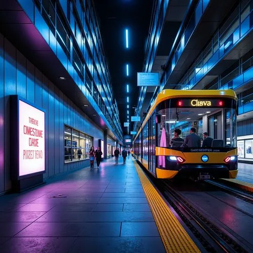 Futuristic tram station, sleek metallic walls, neon-lit advertisement boards, high-gloss floors, modern LED lighting, dynamic color schemes, bold font signage, angular architecture, minimalist design,