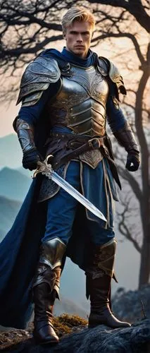 Muscular male warrior, fantasy armor, silver sword, cape flowing in wind, heroic pose, strong facial features, short blond hair, blue eyes, scar above left eyebrow, ornate chest plate, leather gloves,