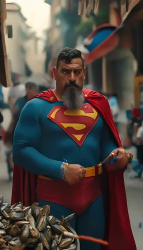 mustached superman, cutting doner kebabs with red lasers coming out of his eyes, on an authentic street, with a blue rosary on his wrist, a cigarette in his mouth,a man with a beard wearing a costume,