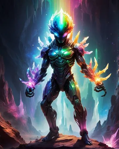 A humanoid figure composed entirely of jagged, translucent crystals. Rainbow light refracts through its body. Fists clenched, posed in a combat stance.
,nebula guardian,alien warrior,protostar,telos,t