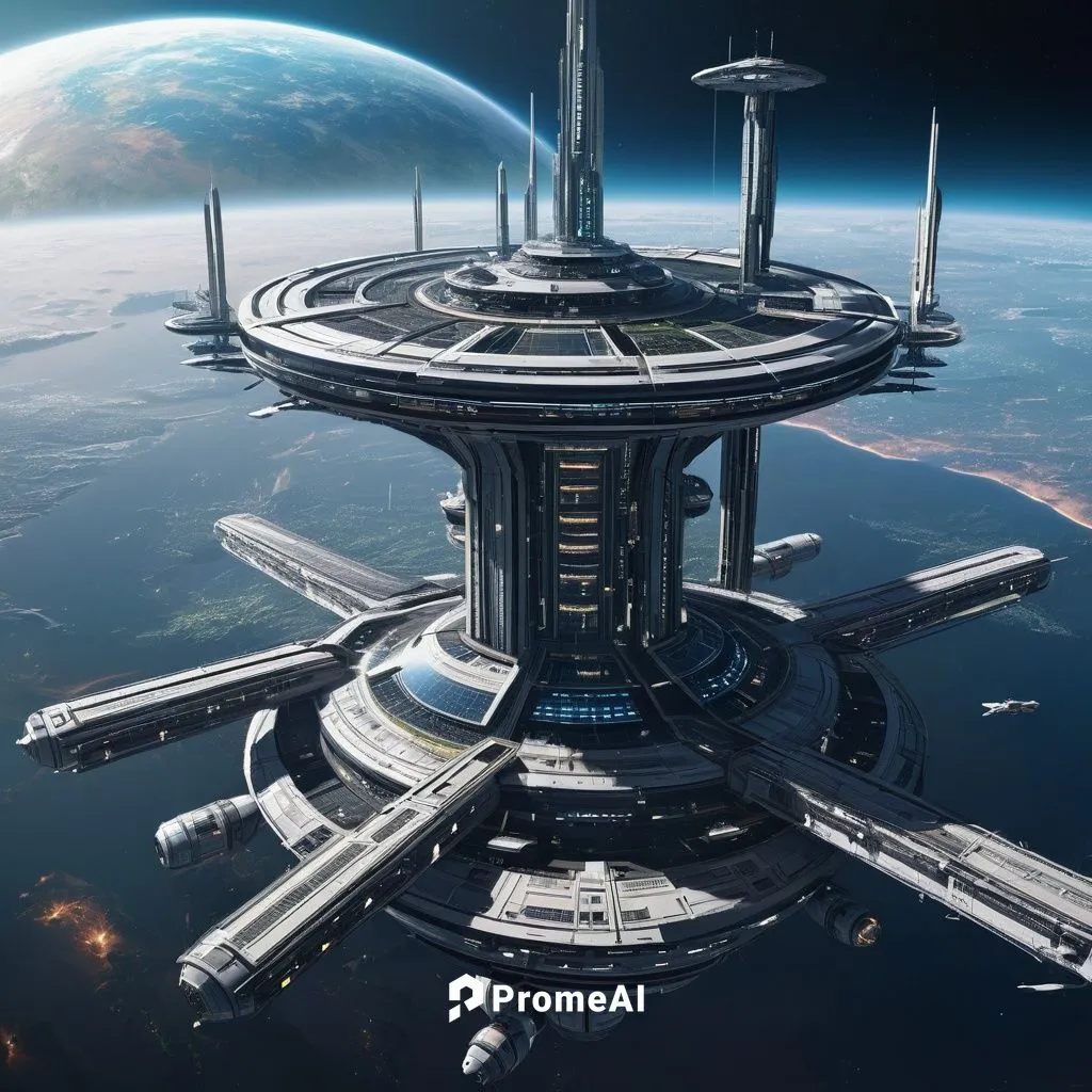 A floating space station in the vastness of space, with a space elevator to connects to the surface of the planet,starbase,cardassia,delamar,sky space concept,stardock,enterprise,spaceport,helicarrier