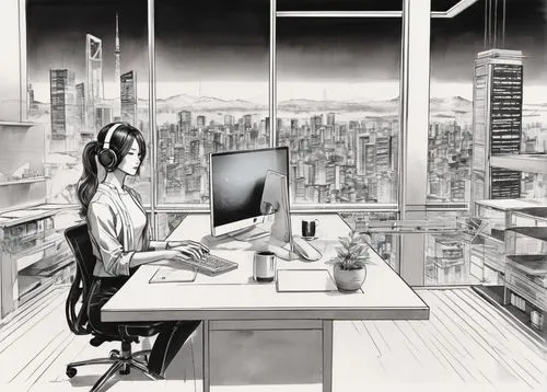 working space,workspace,modern office,cubicle,wildstorm,penciller,girl at the computer,office line art,penciler,workspaces,sci fiction illustration,office desk,in a working environment,neuromancer,schuitema,study room,workstation,work space,desk,workplace,Illustration,Paper based,Paper Based 30