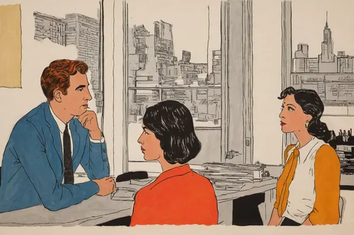 vintage illustration,place of work women,white-collar worker,postmasters,book illustration,cool woodblock images,office line art,chrysler building,consulting room,office worker,contemporary witnesses,vintage drawing,consultation,roy lichtenstein,woodblock prints,model years 1960-63,mid century,coworking,videoconferencing,david bates,Illustration,Black and White,Black and White 26