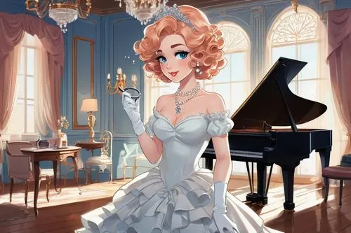 pianist,cinderella,victorian lady,piano,concerto for piano,piano lesson,bridal,serenade,elsa,piano player,violinist,wedding dress,rococo,victorian style,iris on piano,victorian,venetia,baroque,bridal dress,romantic portrait,Illustration,Japanese style,Japanese Style 07