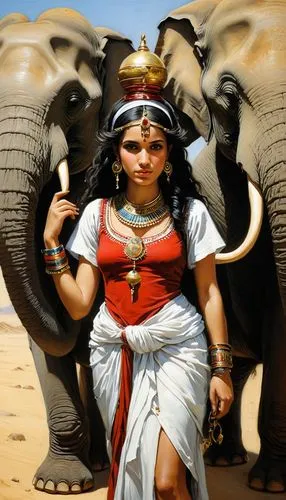 a egyptianmagician girl carry two elephant on her palms,an attractive lady in white and red is surrounded by elephants,durga,nagavalli,krishnaveni,jayasena,srivijaya,kshetra,Conceptual Art,Fantasy,Fan