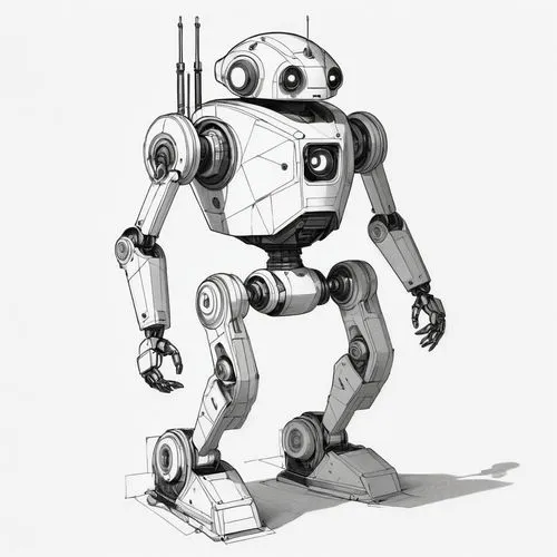 A black and white sketch of an anthropomorphic robot with a boxy head and large, circular eyes that convey a sense of curiosity or innocence. The body of the robot is constructed of various geometric 