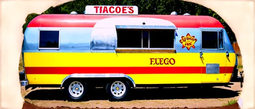 Colorful taco truck, vintage style, rounded shape, chrome finish, bold font, "Tacos El Fuego" text, red and yellow stripes, rusty patina, morning sunlight, shallow depth of field, close-up shot, reali