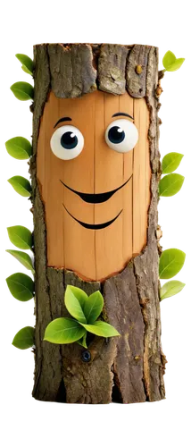 Cartoon log of wood, smiling face, bright eyes, green leaves on top, rough bark texture, vibrant colors, exaggerated features, dynamic pose, 3/4 composition, soft focus background, warm lighting, play