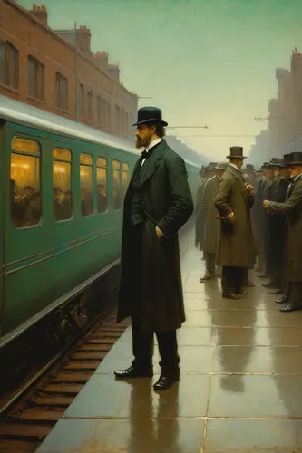 early train,the girl at the station,train of thought,the train,green train,man first bus 1916,last train,class a,john atkinson grimshaw,spectator,merchant train,holmes,commute,oil painting on canvas,conductor,vintage art,london underground,commuting,train,charter train,Art,Classical Oil Painting,Classical Oil Painting 44