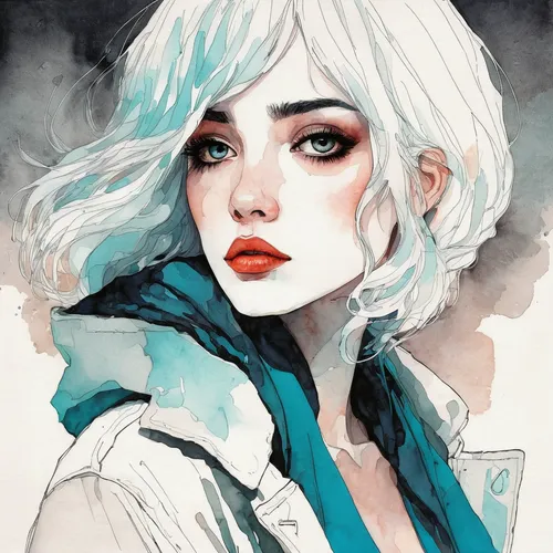 watercolor blue,fashion illustration,watercolor,fantasy portrait,watercolor paint,blanche,watercolor painting,watercolors,digital illustration,watercolor sketch,watercolor pin up,winterblueher,jacket,girl portrait,clementine,digital painting,transistor,bluejacket,mystical portrait of a girl,eglantine,Illustration,Paper based,Paper Based 19