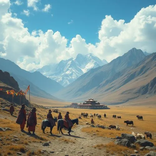 Plateau region, mountainous terrain, vast grasslands, few trees, distant snow-capped peaks, blue sky with white clouds, strong wind, rugged landscape, Tibetan-style architecture, prayer flags, colorfu