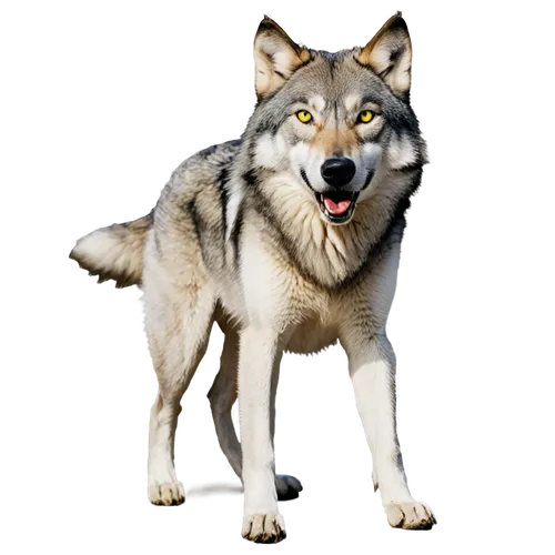 Wild wolf, free running, full body, dynamic pose, fur blowing in wind, sharp teeth, yellow eyes, gray and white fur, strong legs, paws on ground, morning sunlight, shallow depth of field, natural habi