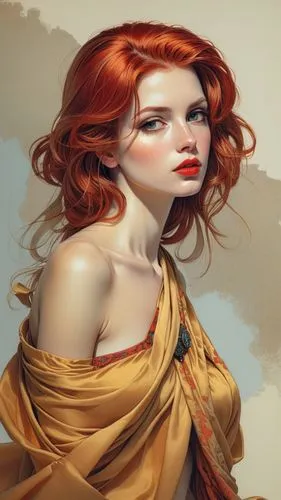 model woman, short hair, big lips, big eyes, goddess, silk fabric, Cel shading, red head,a drawing of a woman in an orange dress,triss,redheads,rousse,romanoff,etain,red head,Illustration,Paper based,