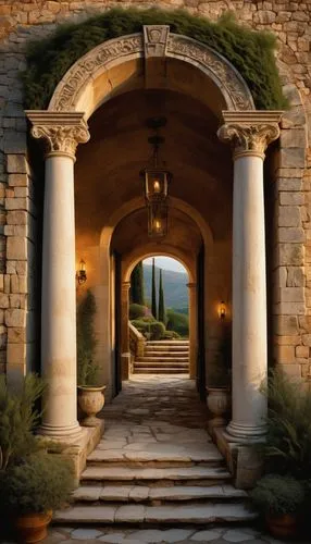 Ancient Greek-inspired architectural stone design, intricately carved marble columns, ornate stone capitals, weathered stone walls with moss growth, grandiose entrance with stone arches, majestic stai