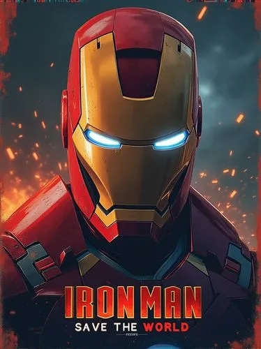 poster design about Ironman movies, Poster ,Poster design, Movie promotion poster ,The text on the poster reads: "Ironman Save the World" ,an iron man poster with eyes glowing,iron man,ironman,ironmen