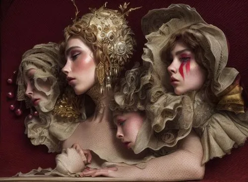 an image of two young ladies laying down with makeup painted on their face,venetian mask,mirror image,masques,mirrormask,viveros,porcelain dolls,Common,Common,Fashion