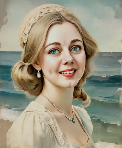 Blonde young woman on the sea beach on a sunny day.,vintage female portrait,emile vernon,portrait of a girl,romantic portrait,young woman,vintage woman,oil painting,lillian gish - female,blonde woman,