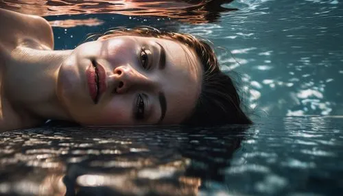 45-degree low-angle shot, cinematic composition, shallow depth of field, realistic reflections, HDR.,a woman that is laying down under water,under the water,photoshoot with water,water nymph,in water,