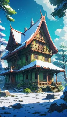 winter house,studio ghibli,wooden house,ghibli,house in the forest,butka,Illustration,Japanese style,Japanese Style 03