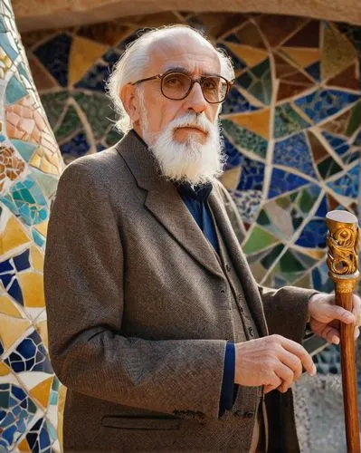 Antoni Gaudí, father of modernist architecture, standing, aged 60s, white beard, glasses, brown suit, holding a cane, Barcelona, Casa Batlló, Park Güell, mosaic benches, twisted columns, intricate iro